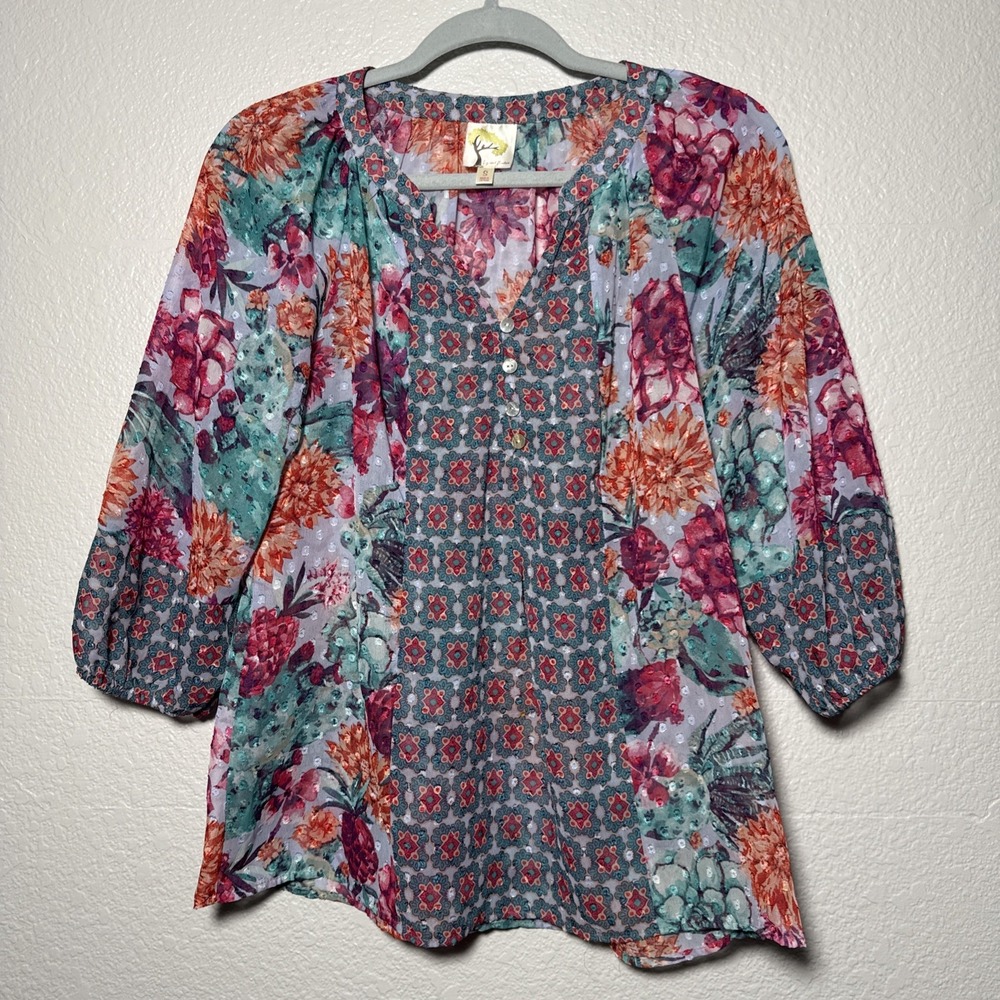 Fig & Flower Multi Color Floral Boho Festival‎ Balloon Sleeve Blouse Colorful S